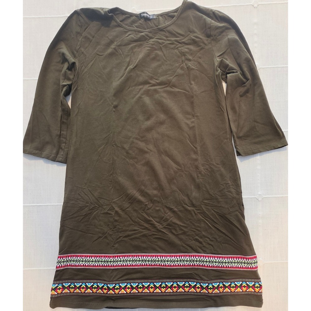 Thanth Womens Olive Green Boho Embroidered Hem Tunic Dress 3/4 Sleeve Size Large